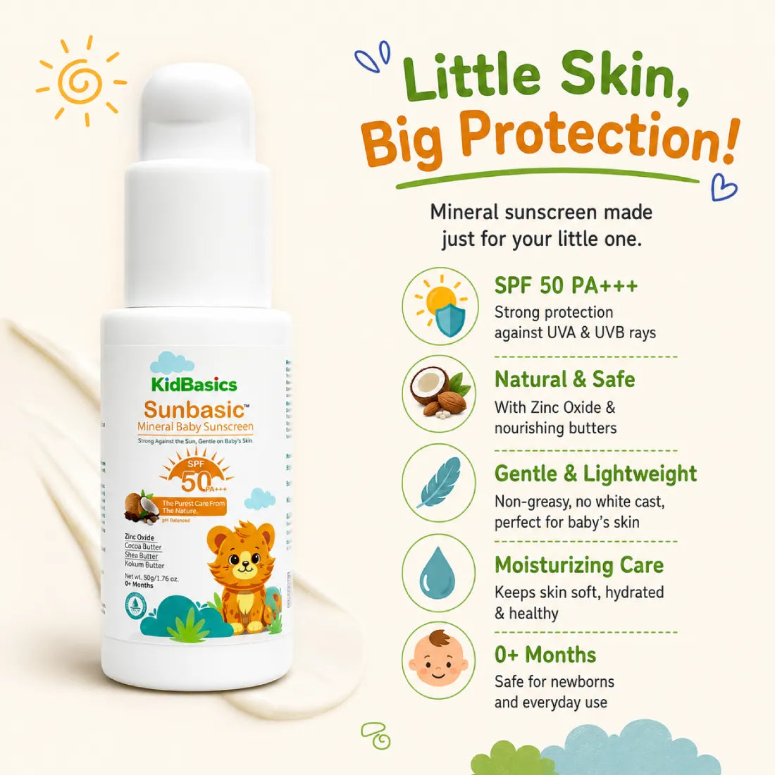 SunBasic Mineral Baby Sunscreen SPF 50 PA+++ | Gentle Daily Sun Protection